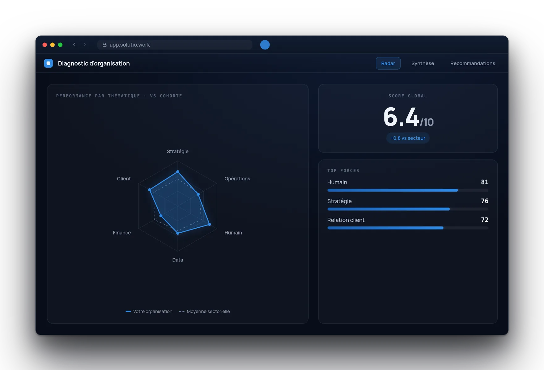 Radar des scores et performance par thématique du diagnostic
